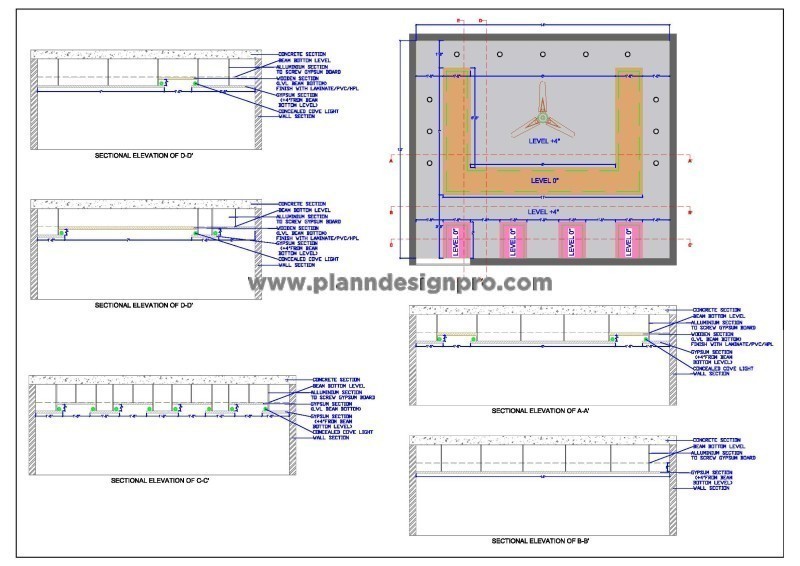 POP and Wooden False Ceiling Plan and Elevation CAD (14'x12')