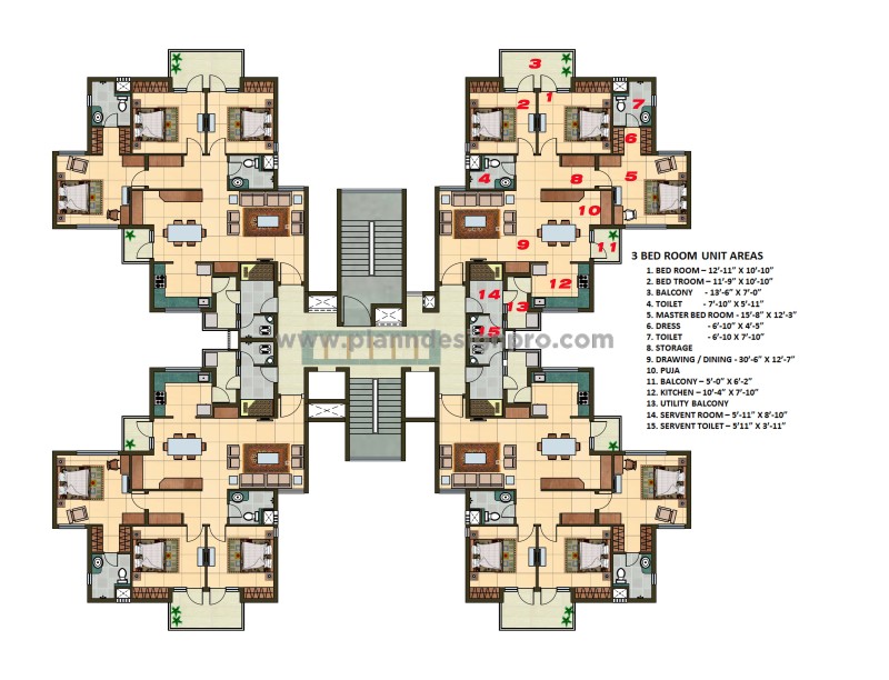 Photoshop Rendered 3 BHK Apartment Layout for High-Rise Building