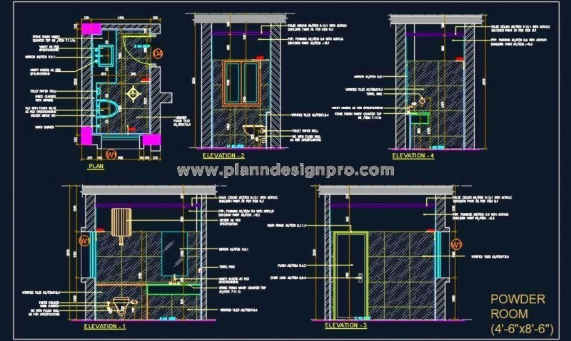Powder Room DWG Design 4' x 8' with WC and Basin