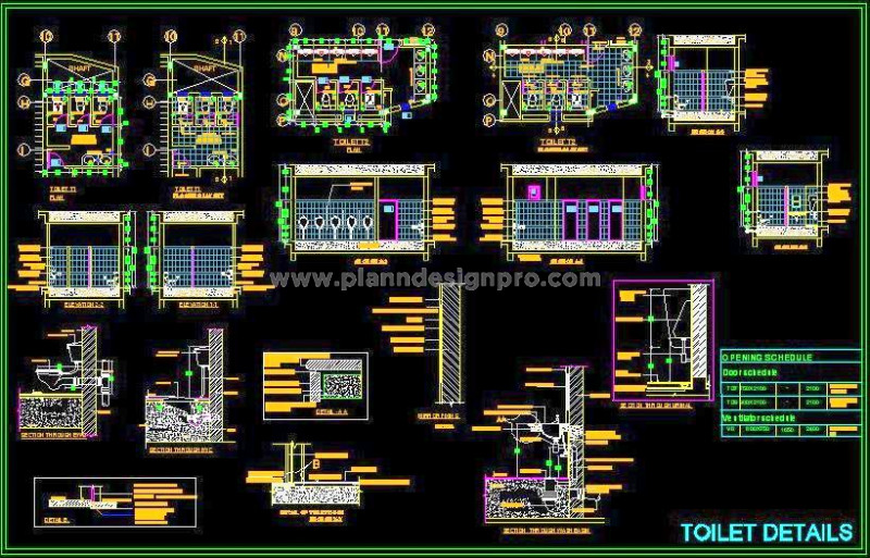 Public Restroom 2D CAD Drawing- Layout, Elevations, and Sections