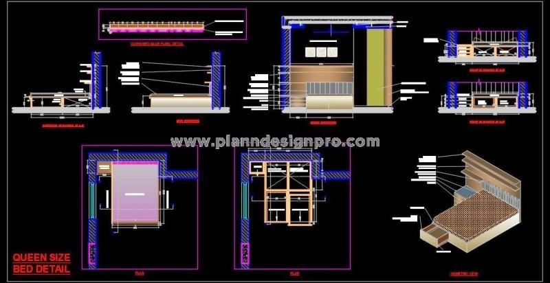 Queen Size Bed CAD Drawing with Side Table and Storage