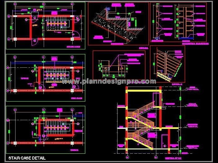 R.C.C. Staircase Detail CAD with Handrail & Balustrade
