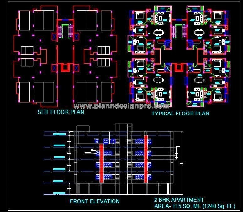 Residential Tower CAD Design G+2 with 2 Bedroom Apartments