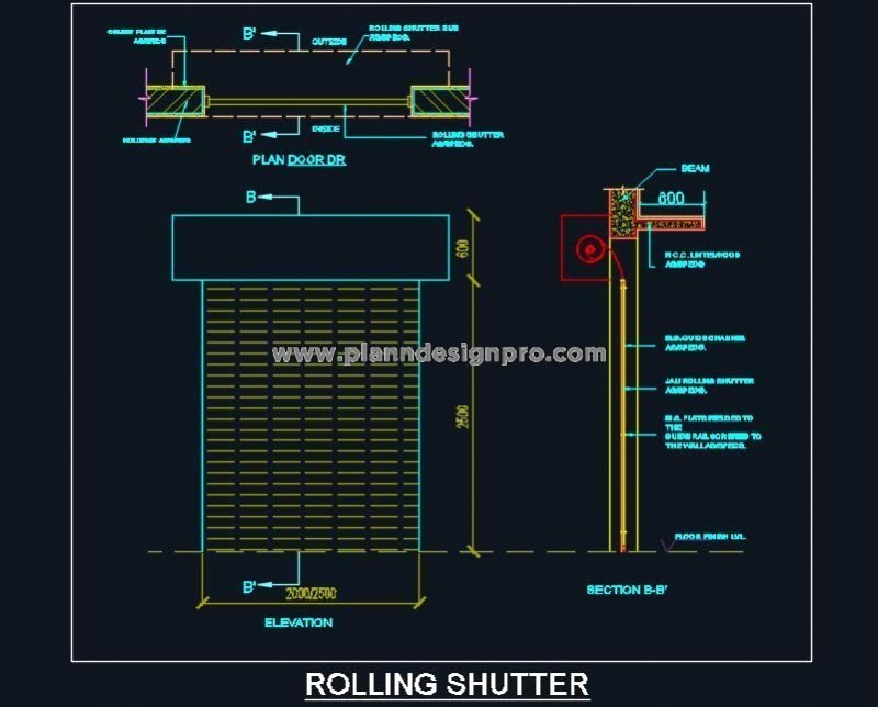 Rolling Shutter Free CAD Block- Plan, Elevation & Section