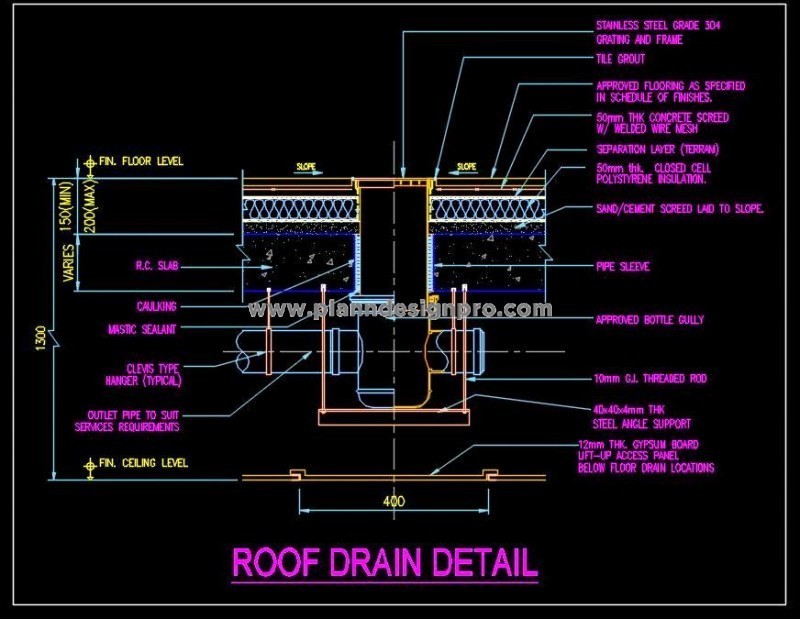 Roof Drain Autocad DWG- Terrace Floor Section & Drainage Detail
