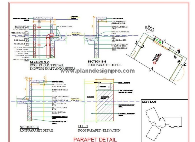 Roof Parapet Wall CAD- Shaft, Khurra & Rainwater Pipe Details