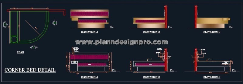Rounded Corner Bed Detail- Free Autocad Plan & Elevation Drawing