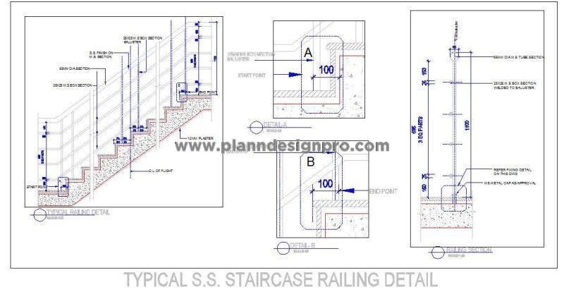 S.S. Staircase Railing CAD Drawing- Elevation & Fixing Detail