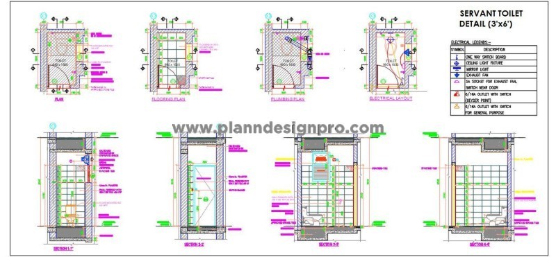 Servant Toilet Design Free DWG- 3'x6' with Plumbing and Electrical Plans