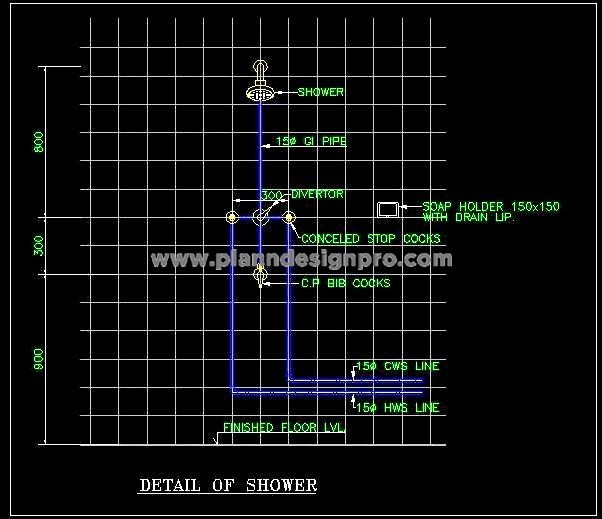 Shower Area Plumbing Detail Free DWG- AutoCAD Sectional Elevation