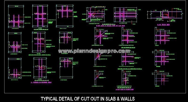 Slab and Wall Cutout Structure Reinforcement Details in DWG File