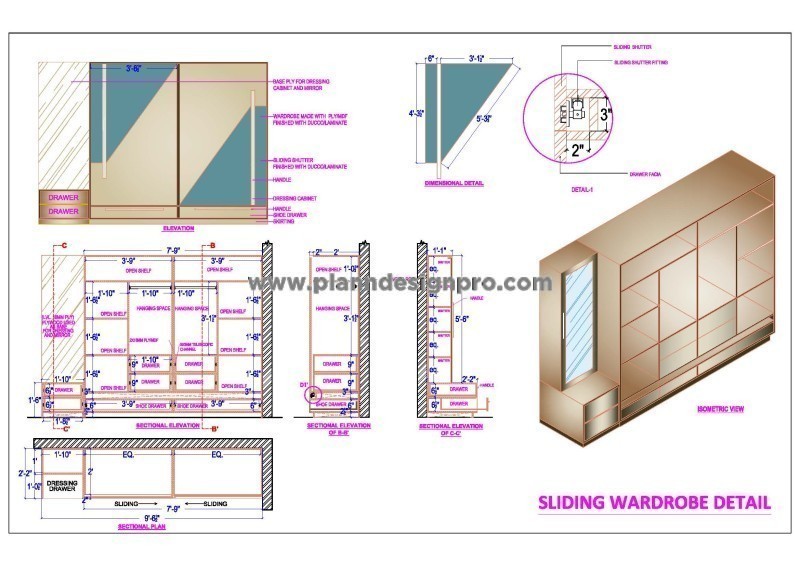 Sliding Wardrobe with Dressing Area AutoCAD Drawing