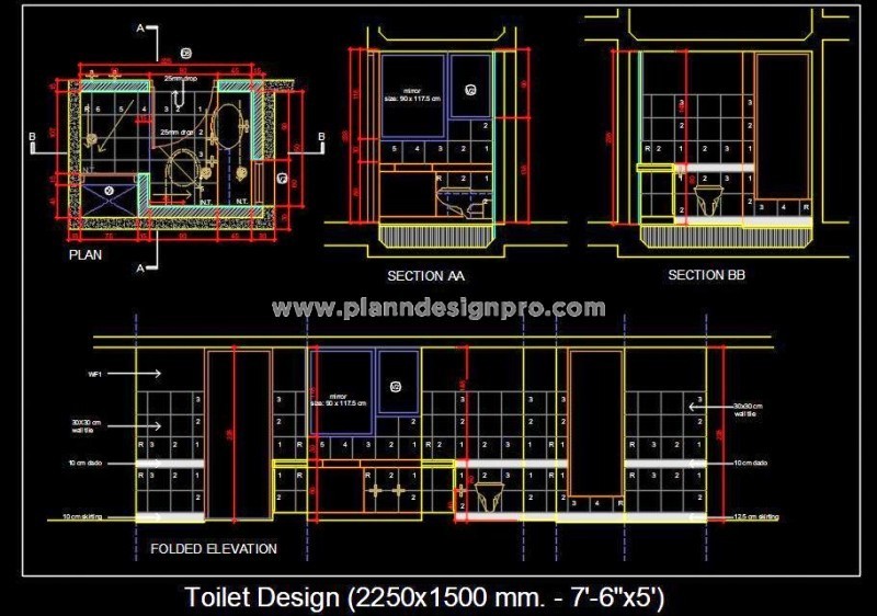 Small Toilet Design CAD Drawing - 2250 x 1500 mm