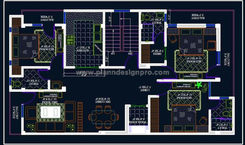 Spacious 3 BHK Duplex Apartment CAD Layout with Balconies