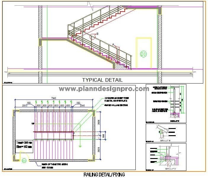 Staircase Design DWG- Plan, Elevation, & Railing Detail