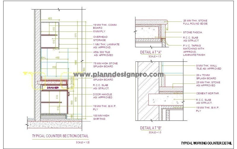 Stone Countertop Construction DWG- R.C.C. Slab, Backsplash & Skirting