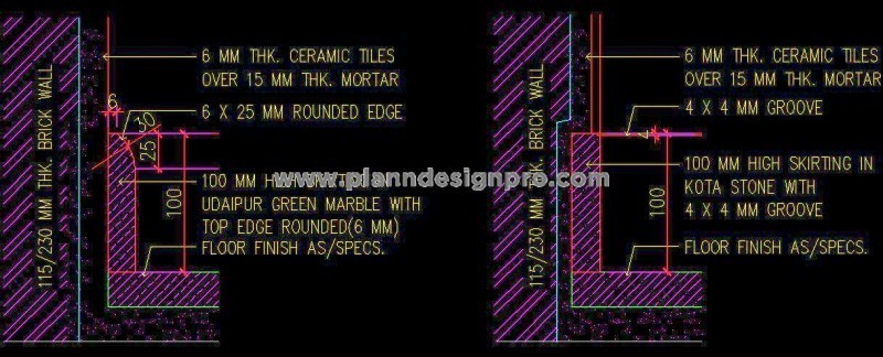 Stone Skirting Section Detail CAD- Groove & Rounded Edge Styles