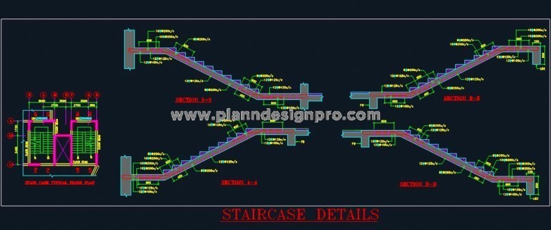Structural R.C.C. Staircase DWG- Waist Slab & Bar Specifications