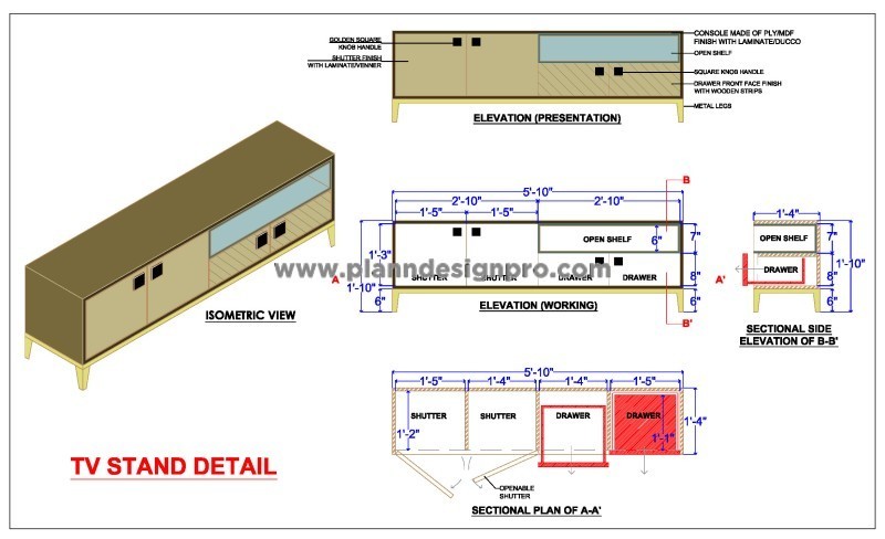 TV Console AutoCAD DWG- Laminate, Wood, and Metal Design