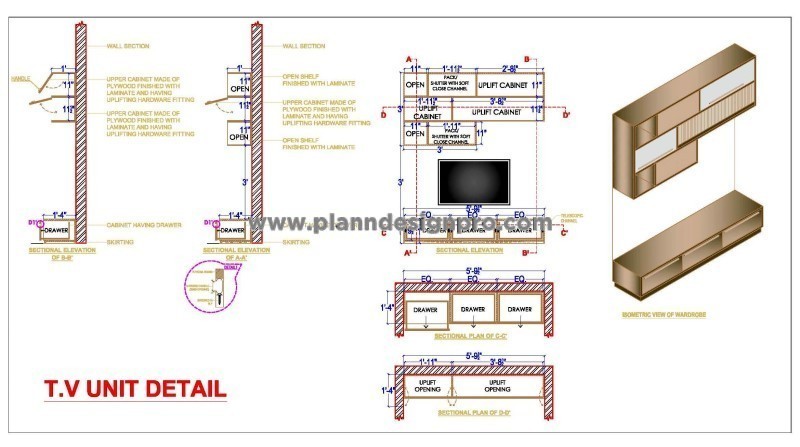 TV Unit Cabinet with Shelves - CAD Design Detail
