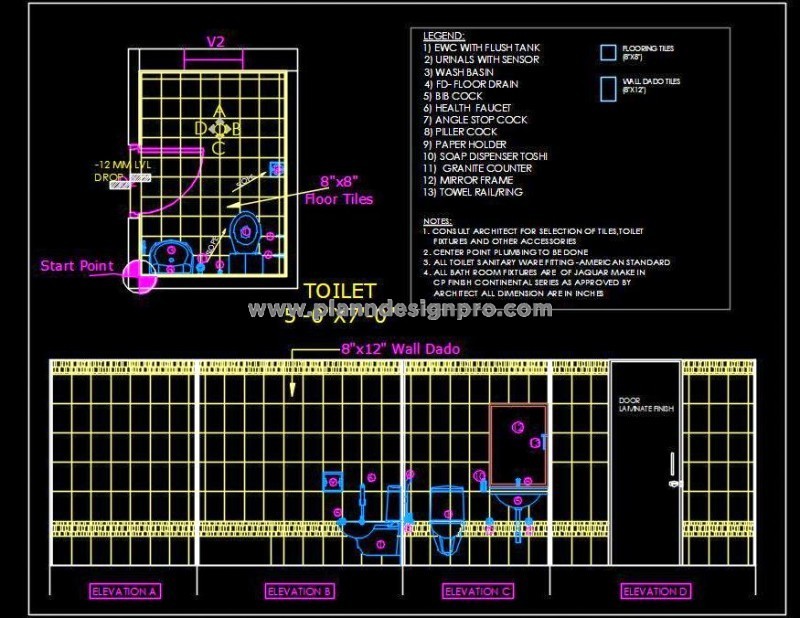 Toilet CAD Drawing (5'x7') - Plan, Elevations, Tile Details