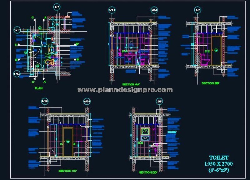 Toilet Design CAD- 6'-6 x 9' Plan with WC, Basin & Shower Area