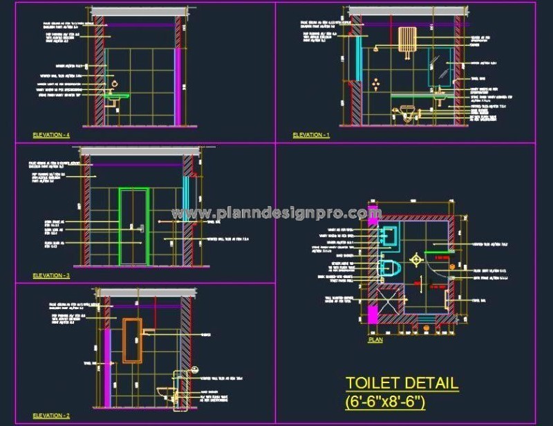 Toilet Design DWG-  (6'-6x8'-6) Complete Working Drawing Details