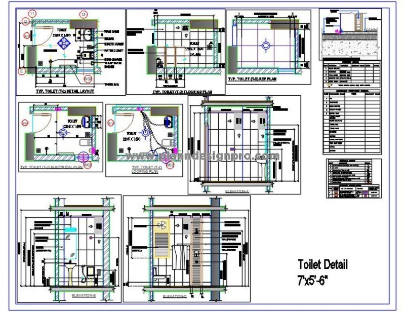 Toilet Design DWG- 7'x5'-6 Layout, Flooring, and Elevations