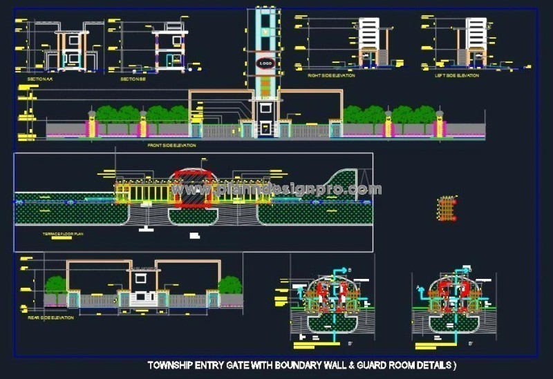 Township Entry Gate CAD Boundary Wall, Sliding Gate & Guard Room