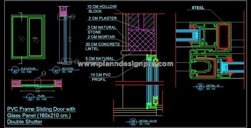 UPVC Sliding Door CAD Drawing- Elevation, Section, Materials