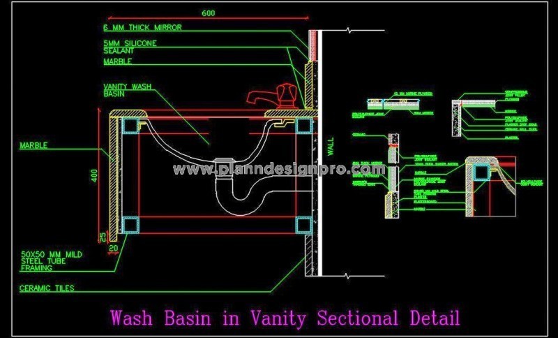 Under-Counter Washbasin CAD Detail with Vanity and Mirror