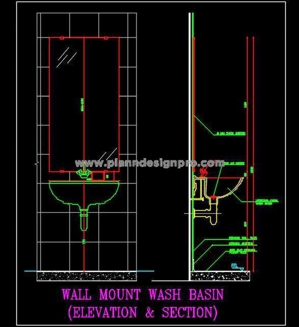 Wall-Mount Washbasin CAD Detail- Section and Elevation