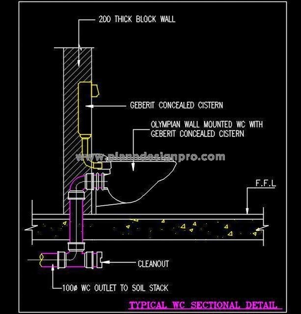Wall Mounted WC Section Detail Free CAD Block