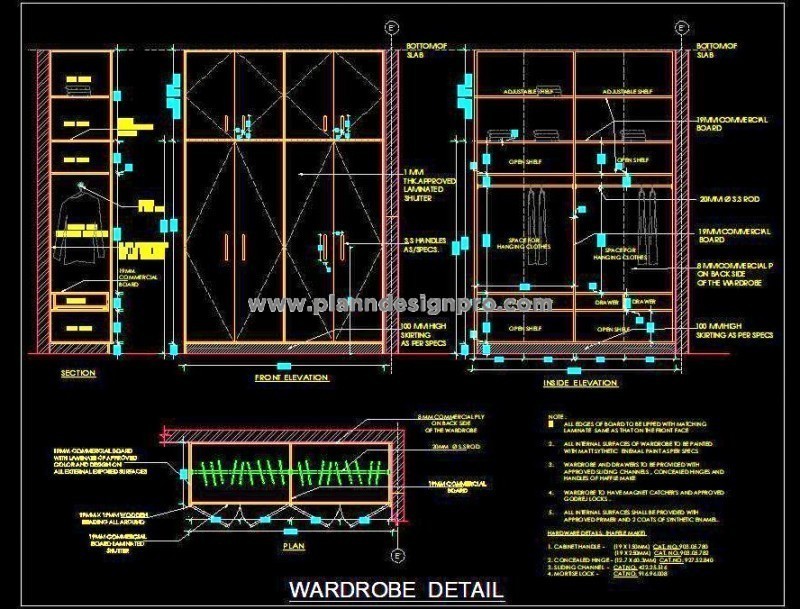 Wardrobe CAD Drawing- 4 Shutters, Storage, and Material Specs