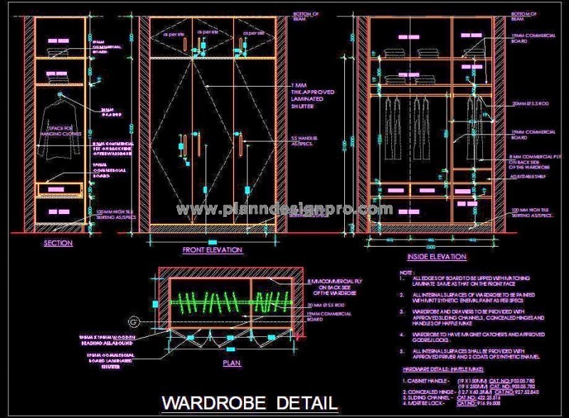 Wardrobe Design DWG- 3 Shutters & Overhead Storage