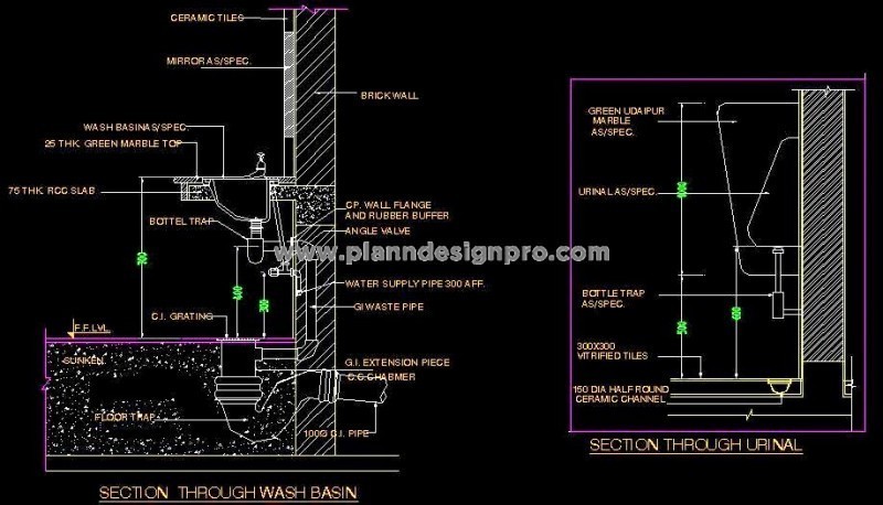 Washbasin & Urinal Plumbing Details in AutoCAD DWG