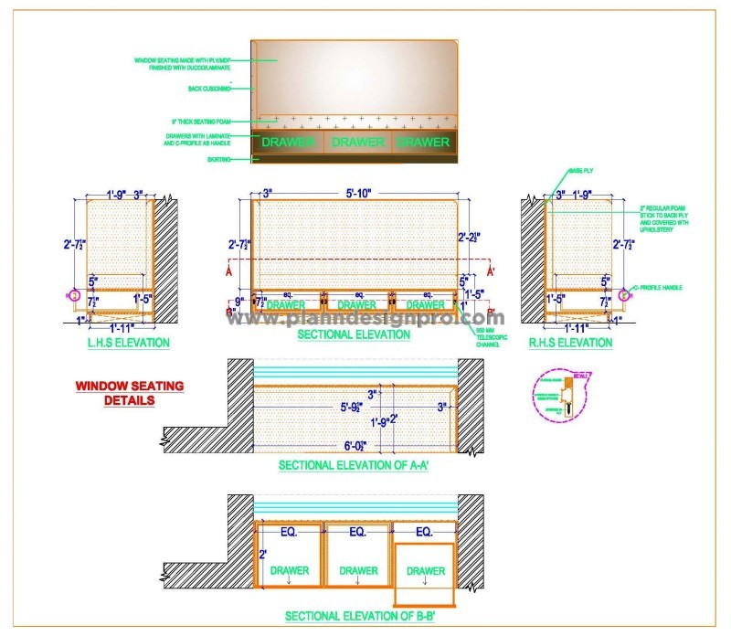 Window Seat_Bench CAD Design with Storage