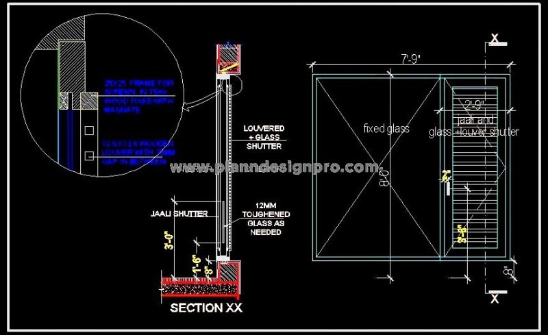 Window Shutter Design CAD- Jaali and Louvered Glass Details