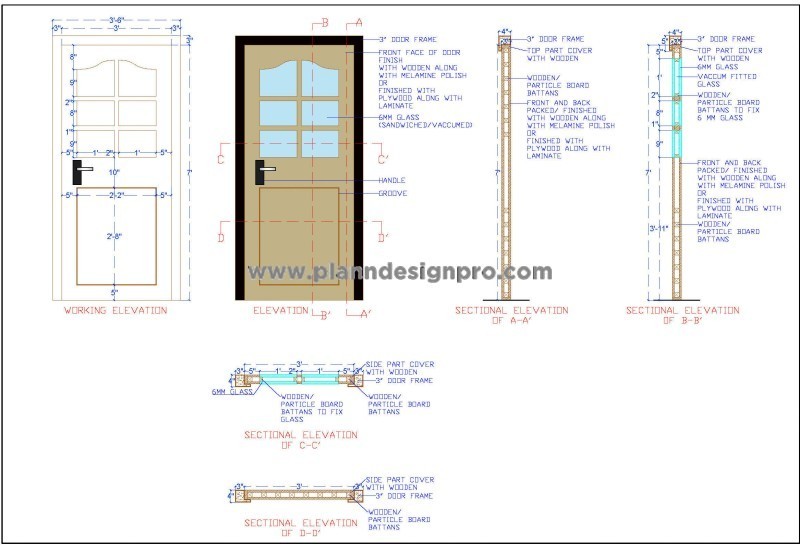 Wood and Glass Door Detailed Working DWG