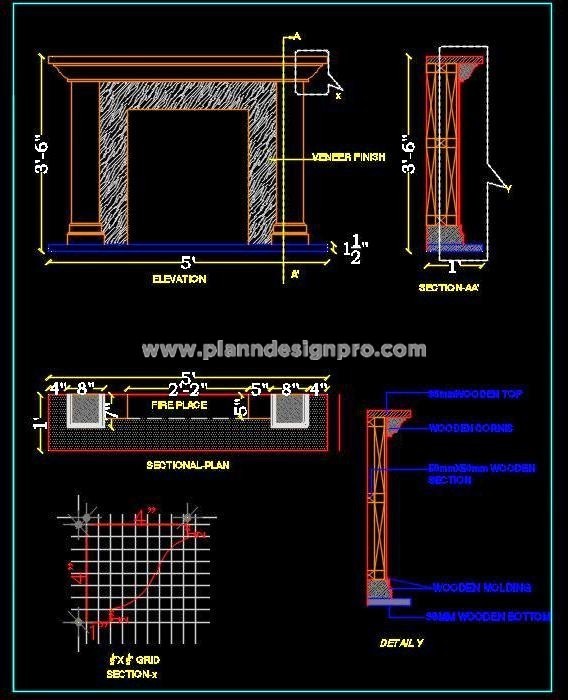 Wooden Fireplace CAD Drawing with Elevation and Sections