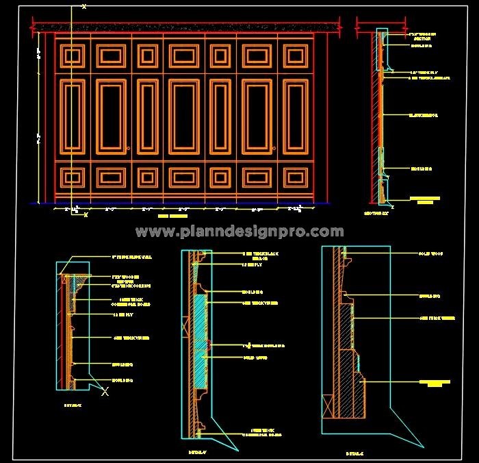 Wooden Wall Paneling CAD Drawing- Elevations & Details