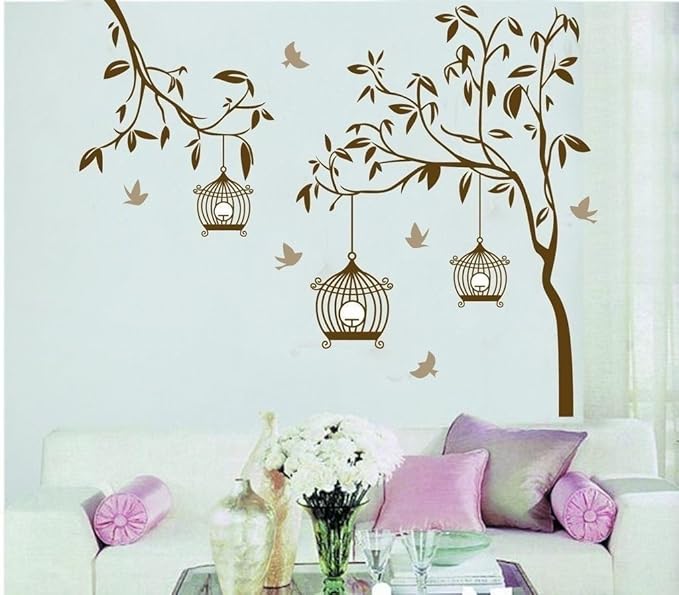 Design StickersKart Wall Stickers Tree with Birds and Cages (Brown)