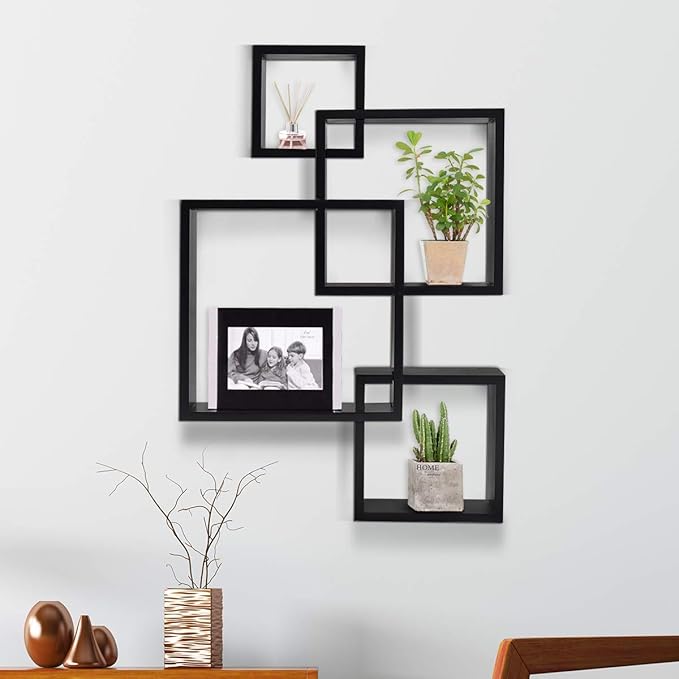 Kundi Intersecting Floating Shelves 4 Cube Square Wall Mounted Shelves Wood Home Furniture Accent Decorative Wall Shelf, Black (47 cm X 10 cm X 65 cm, Black)