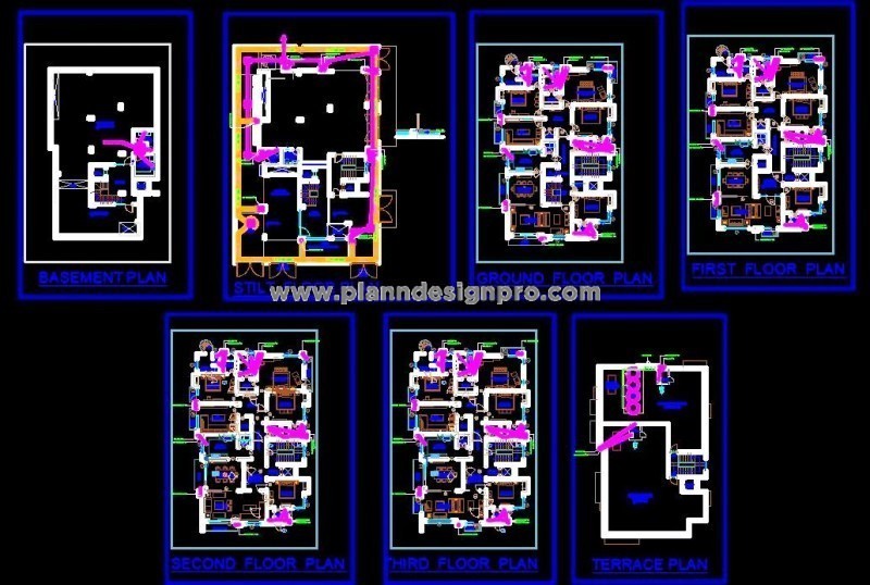 4-Storey Villa Layout- Furniture & Plumbing Plan DWG