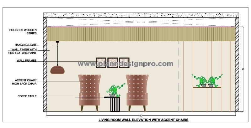Living Room Wall Elevation CAD- Accent Chair, Table & Lighting