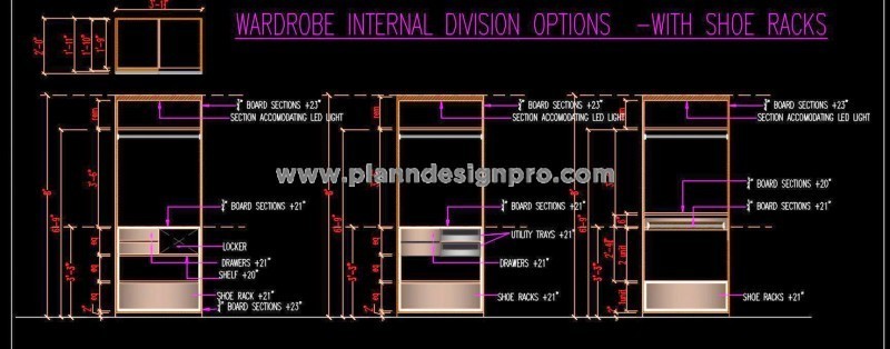 Wardrobe Design in Autocad- Plan and Elevation Views